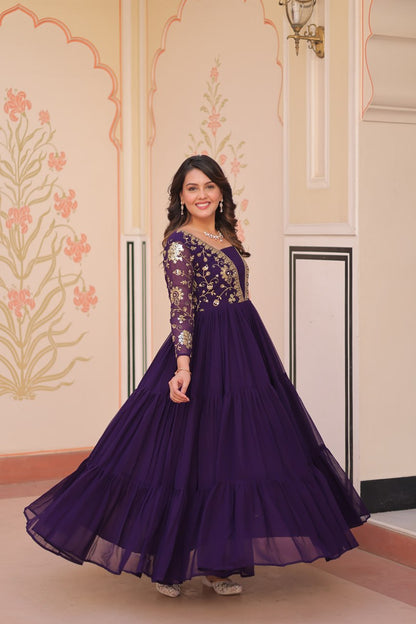 Jyoti Fashion Women's Purple Faux Blooming Sequins & Zari Embroidered Long Designer Anarkali Set