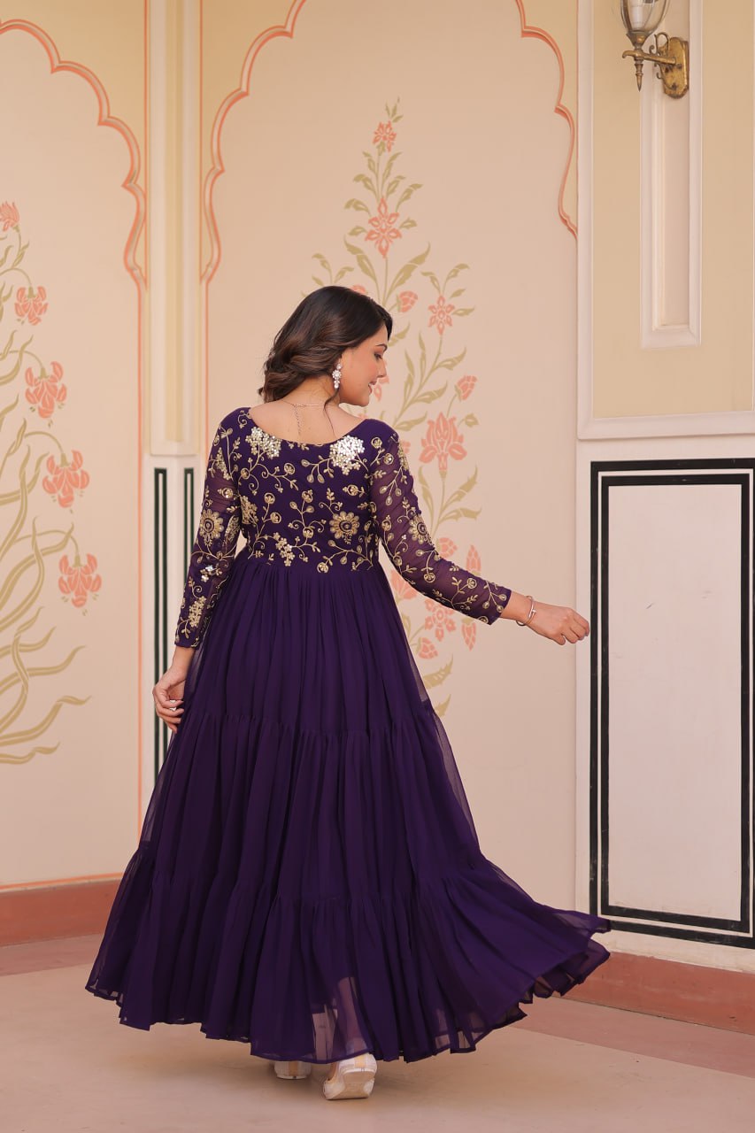 Jyoti Fashion Women's Purple Faux Blooming Sequins & Zari Embroidered Long Designer Anarkali Set