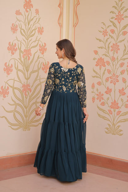 Jyoti Fashion Women's Teal Faux Blooming Sequins & Zari Embroidered Long Designer Anarkali Set