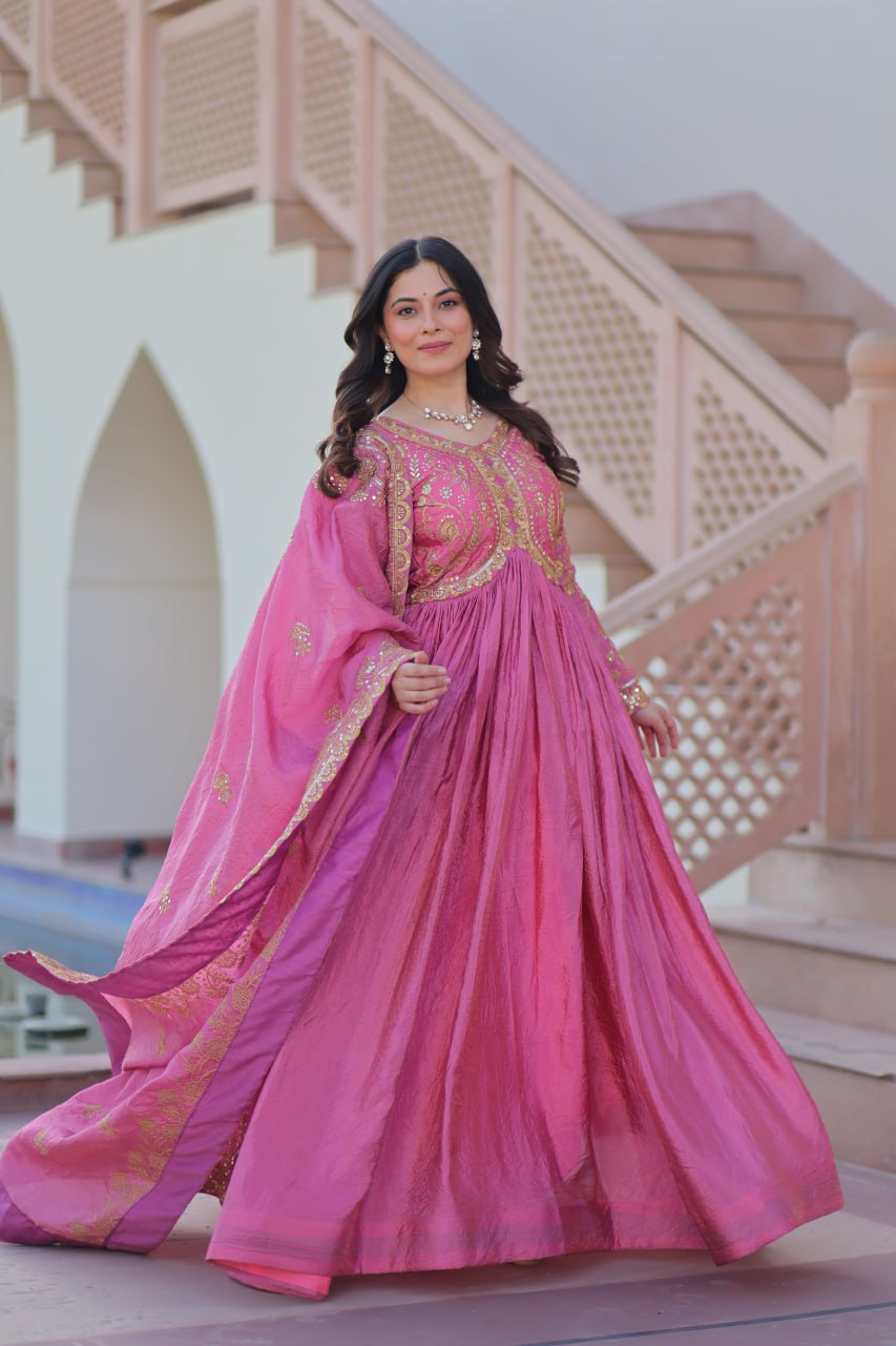 Jyoti Fashion Women's Pink Gold Crush Sequins with Multy Embroidered Anarkali Set With Dupatta