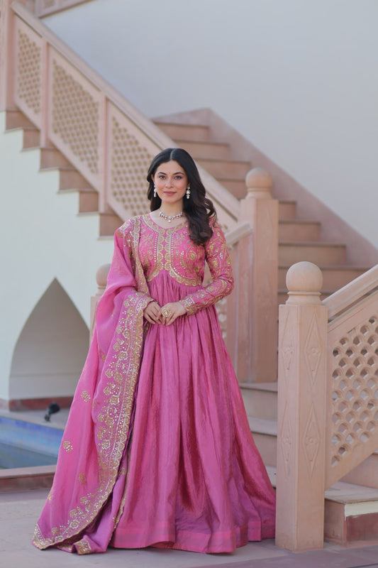 Jyoti Fashion Women's Pink Gold Crush Sequins with Multy Embroidered Anarkali Set With Dupatta