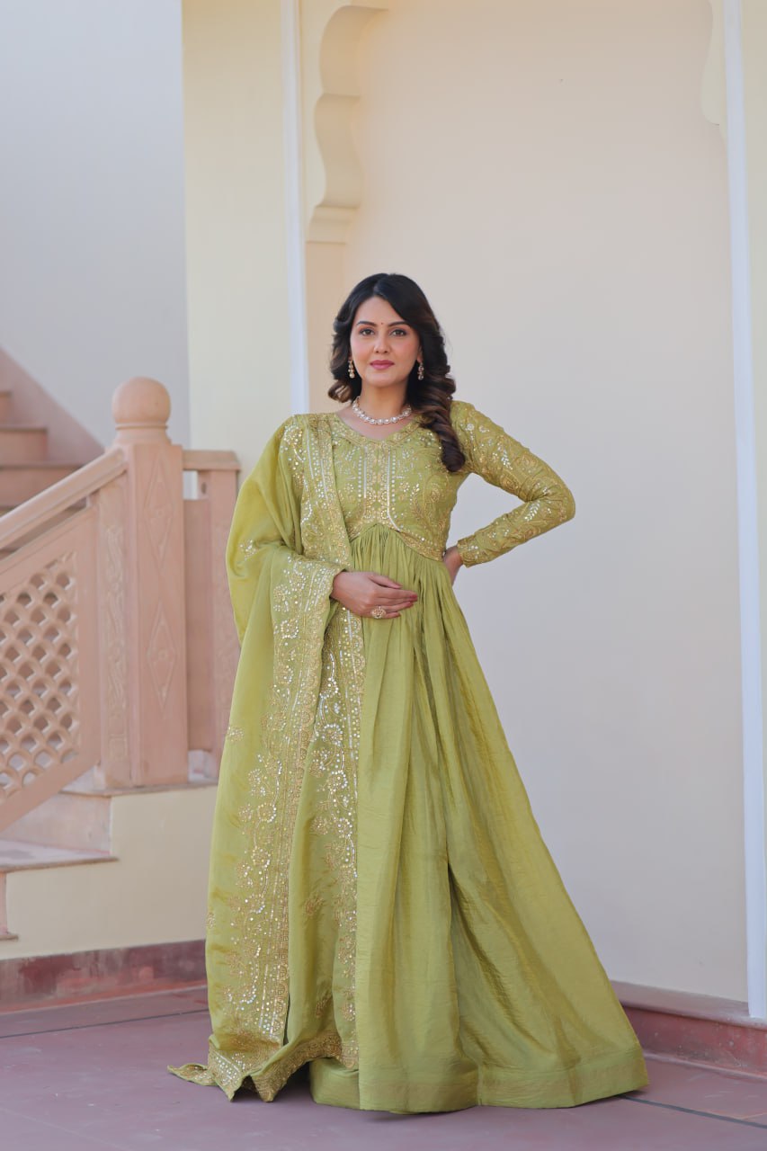 Jyoti Fashion Women's Mehendi Gold Crush Sequins with Multy Embroidered Anarkali Set With Dupatta