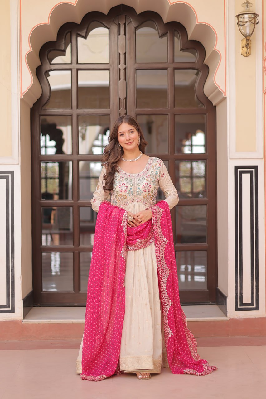 Jyoti Fashion Women's Pink Cosmos Jacquard Pearl Beads Embroidered Anarkali Set With Dupatta