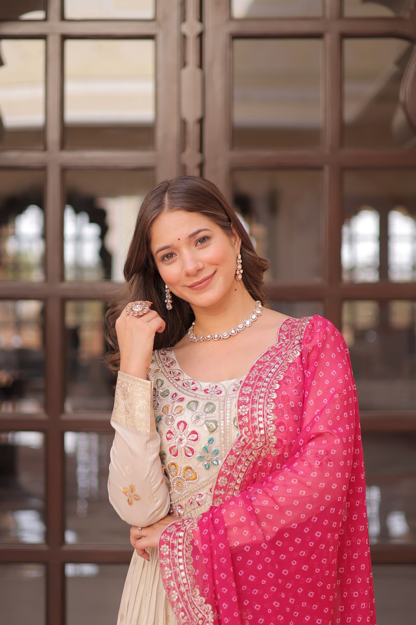 Jyoti Fashion Women's Pink Cosmos Jacquard Pearl Beads Embroidered Anarkali Set With Dupatta