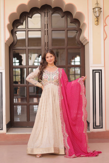 Jyoti Fashion Women's Pink Cosmos Jacquard Pearl Beads Embroidered Anarkali Set With Dupatta