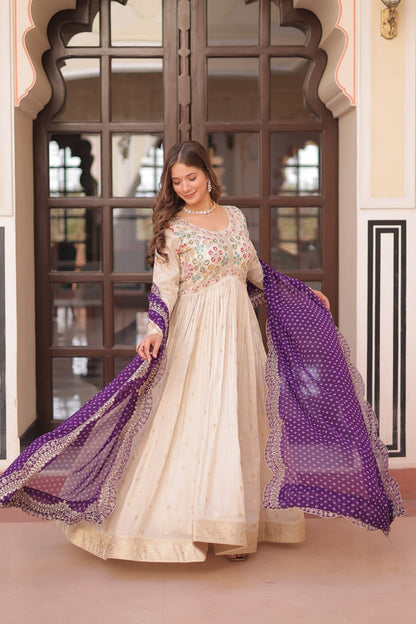 Jyoti Fashion Women's Purple Cosmos Jacquard Pearl Beads Embroidered Anarkali Set With Dupatta