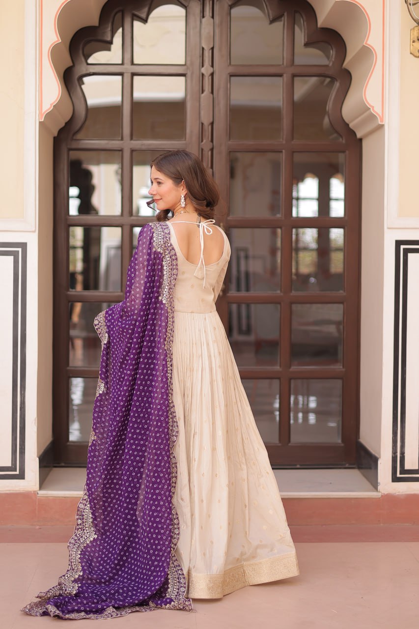 Jyoti Fashion Women's Purple Cosmos Jacquard Pearl Beads Embroidered Anarkali Set With Dupatta