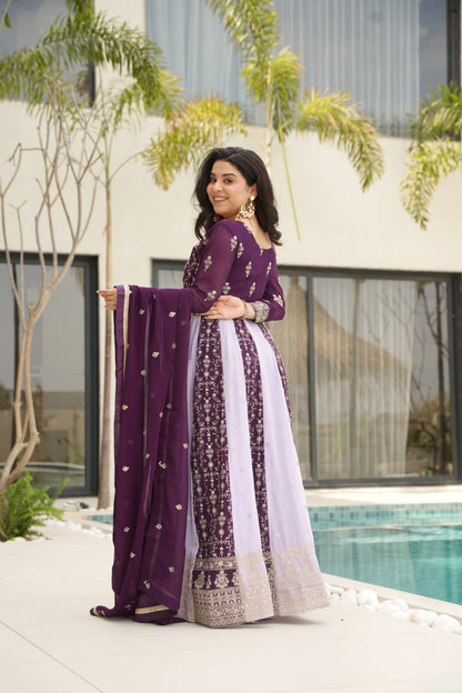 Jyoti Fashion Women's Purple Faux Blooming Zari & Sequins Embroidered Anarkali Set With Dupatta