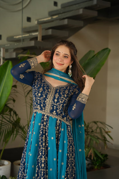 Jyoti Fashion Women's Blue Faux Blooming Zari & Sequins Embroidered Anarkali Set With Dupatta