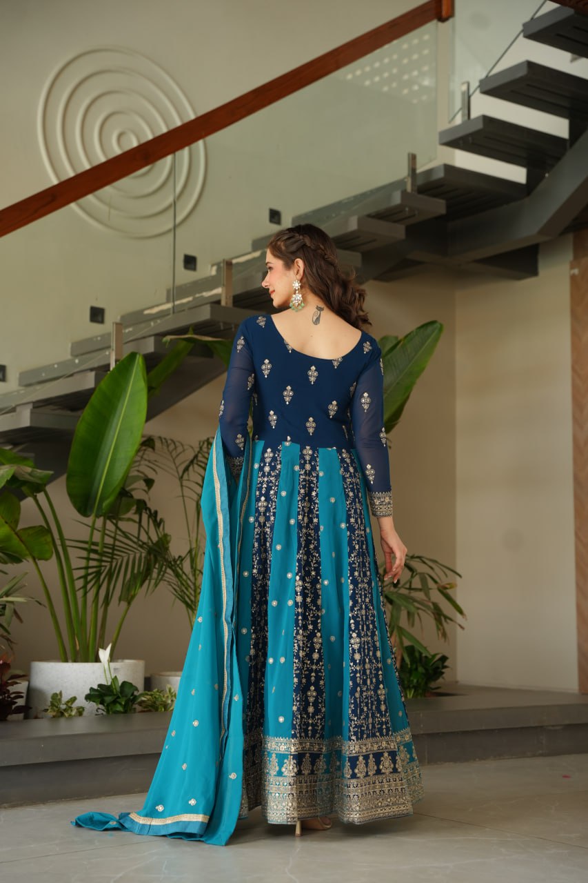 Jyoti Fashion Women's Blue Faux Blooming Zari & Sequins Embroidered Anarkali Set With Dupatta