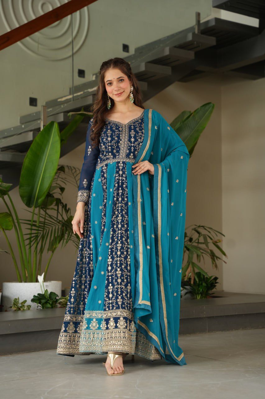 Jyoti Fashion Women's Blue Faux Blooming Zari & Sequins Embroidered Anarkali Set With Dupatta