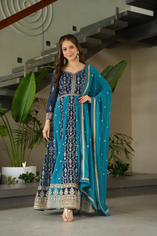 Jyoti Fashion Women's Blue Faux Blooming Zari & Sequins Embroidered Anarkali Set With Dupatta