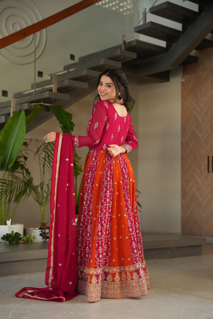 Jyoti Fashion Women's Rani Pink Faux Blooming Zari & Sequins Embroidered Anarkali Set With Dupatta