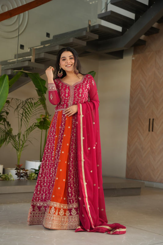Jyoti Fashion Women's Rani Pink Faux Blooming Zari & Sequins Embroidered Anarkali Set With Dupatta