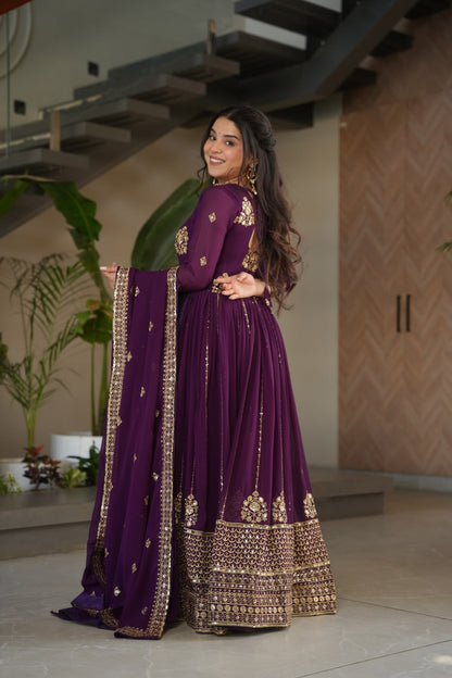 Jyoti Fashion Women's Purple Faux Blooming Zari & Sequins Embroidered Anarkali Set With Dupatta