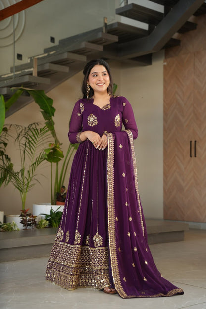 Jyoti Fashion Women's Purple Faux Blooming Zari & Sequins Embroidered Anarkali Set With Dupatta