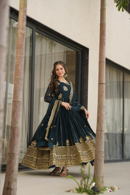 Jyoti Fashion Women's Teal Faux Blooming Zari & Sequins Embroidered Anarkali Set With Dupatta