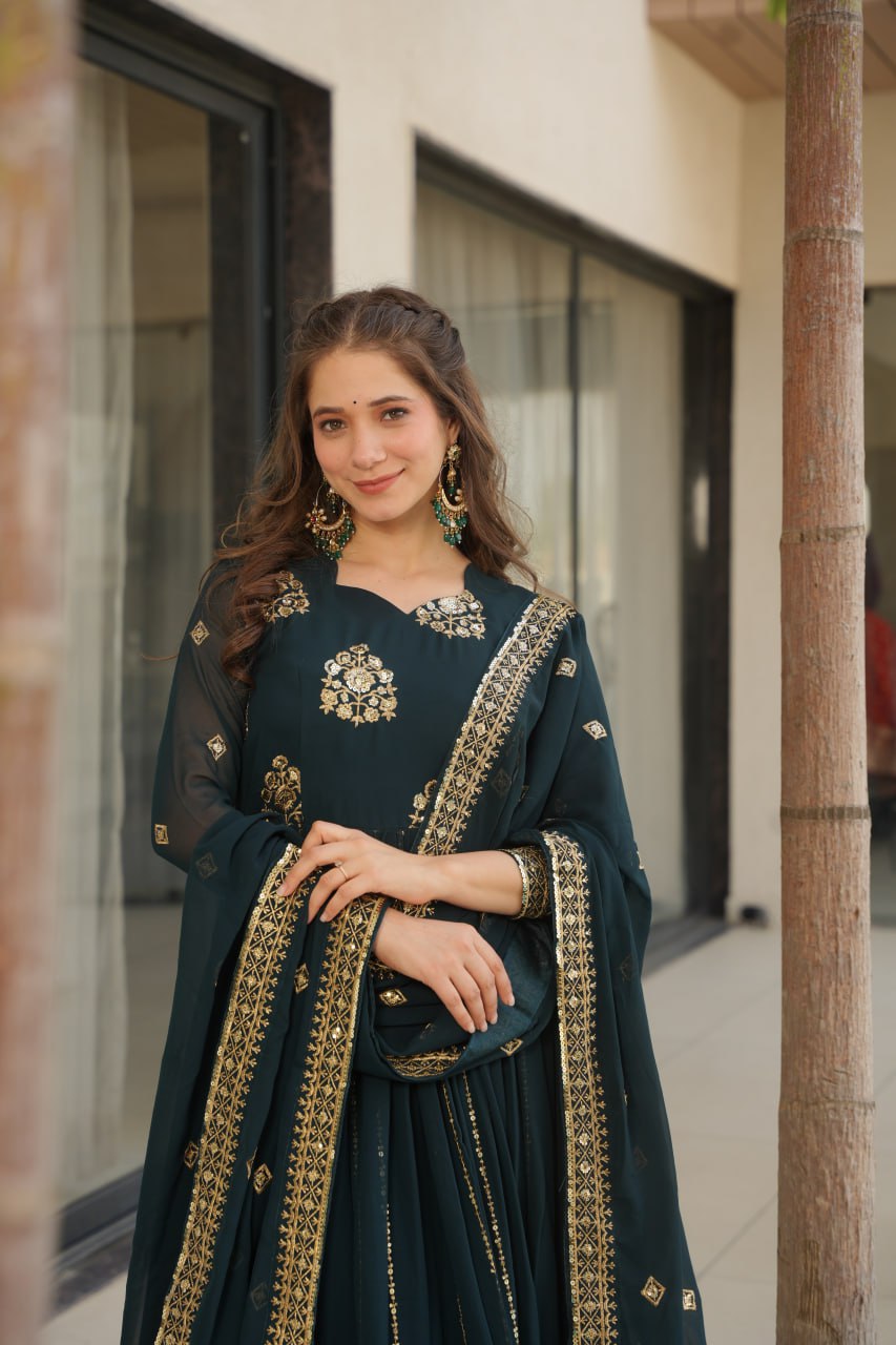 Jyoti Fashion Women's Teal Faux Blooming Zari & Sequins Embroidered Anarkali Set With Dupatta