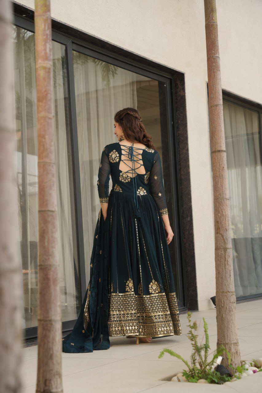 Jyoti Fashion Women's Teal Faux Blooming Zari & Sequins Embroidered Anarkali Set With Dupatta