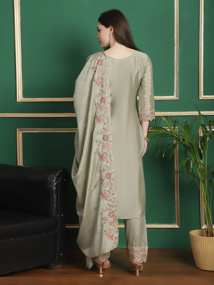 Jyoti Fashion Women's Olive Chinon Chiffon Floral Embroidery with Cording & Crystal Work Designer Straight Suit Set