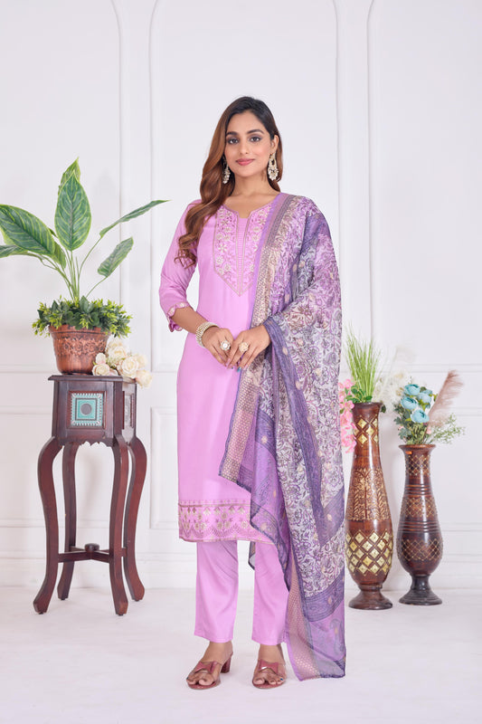 Jyoti Fashion Women's Lavender Cotton Embroidered Designer Kurta Set with Dupatta
