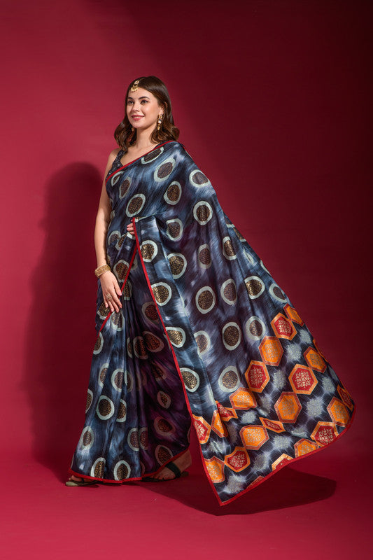 Jyoti Fashion Women's Navy Blue Emboss Foil Printed Soft Silk Saree with Blouse