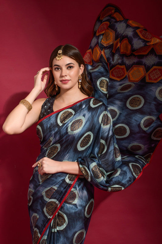 Jyoti Fashion Women's Navy Blue Emboss Foil Printed Soft Silk Saree with Blouse