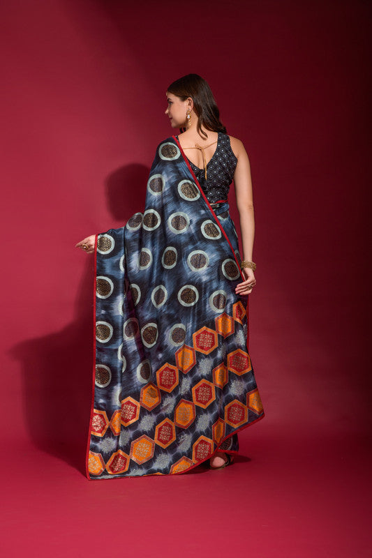 Jyoti Fashion Women's Navy Blue Emboss Foil Printed Soft Silk Saree with Blouse