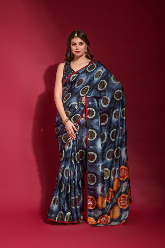 Jyoti Fashion Women's Navy Blue Emboss Foil Printed Soft Silk Saree with Blouse