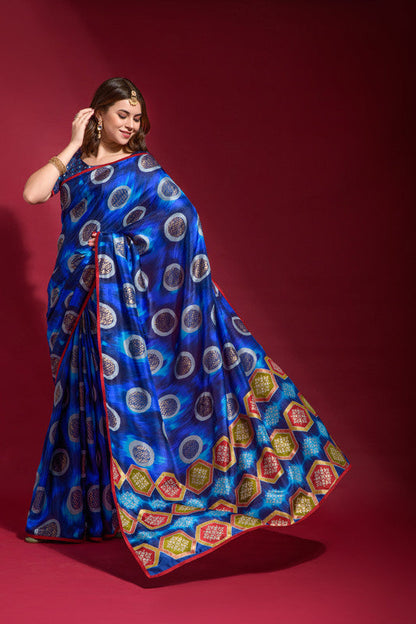 Jyoti Fashion Women's Royal Blue Emboss Foil Printed Soft Silk Saree with Blouse
