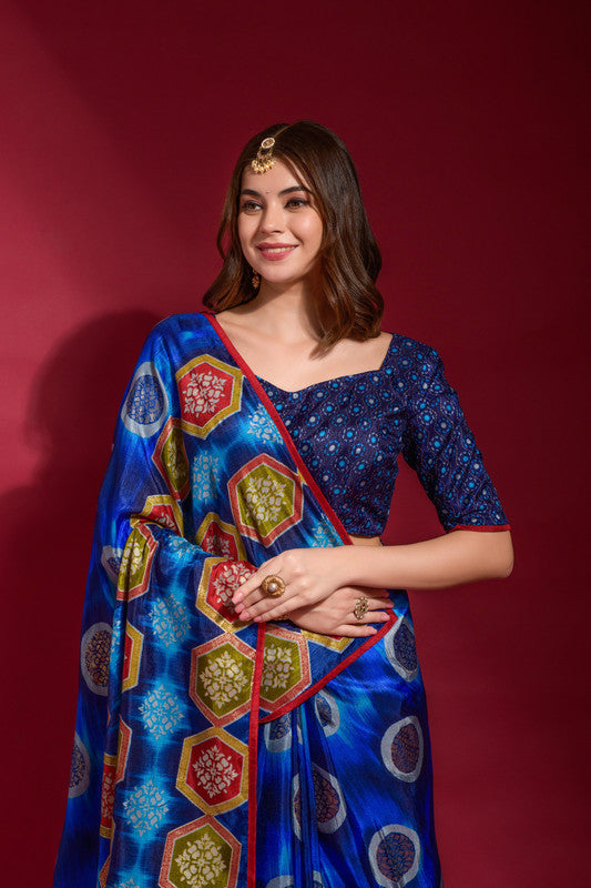 Jyoti Fashion Women's Royal Blue Emboss Foil Printed Soft Silk Saree with Blouse