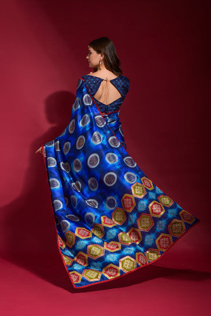 Jyoti Fashion Women's Royal Blue Emboss Foil Printed Soft Silk Saree with Blouse