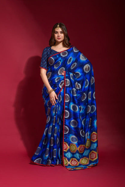Jyoti Fashion Women's Royal Blue Emboss Foil Printed Soft Silk Saree with Blouse
