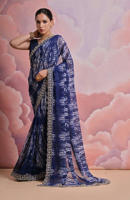 Jyoti Fashion Women's Blue Sequence with Zari Codding Georgette Saree with Blouse