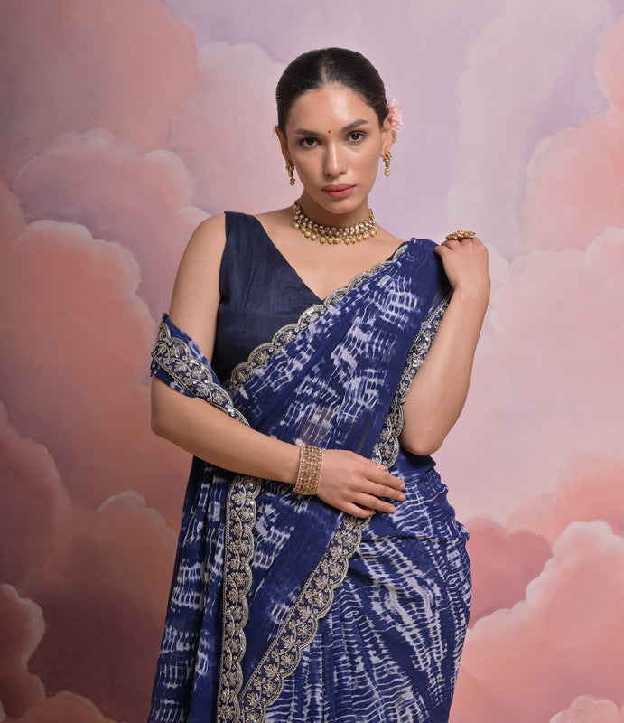 Jyoti Fashion Women's Blue Sequence with Zari Codding Georgette Saree with Blouse