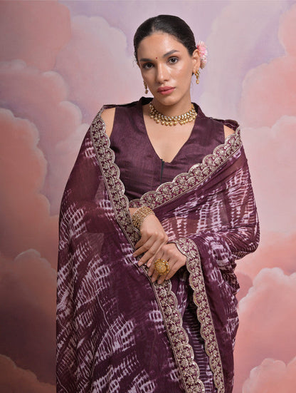 Jyoti Fashion Women's Wine Sequence with Zari Codding Georgette Saree with Blouse