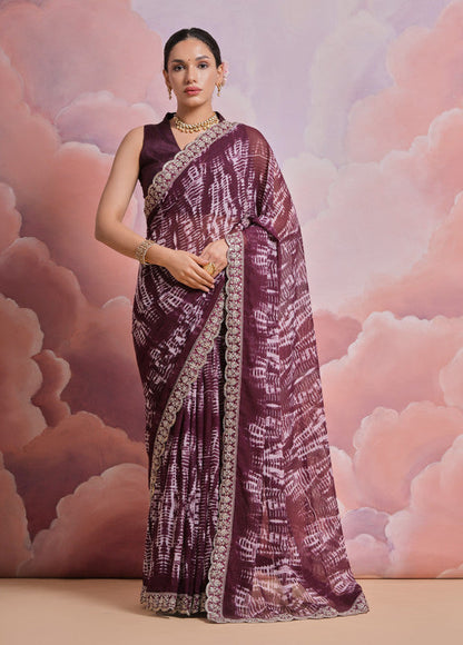 Jyoti Fashion Women's Wine Sequence with Zari Codding Georgette Saree with Blouse