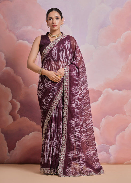 Jyoti Fashion Women's Wine Sequence with Zari Codding Georgette Saree with Blouse