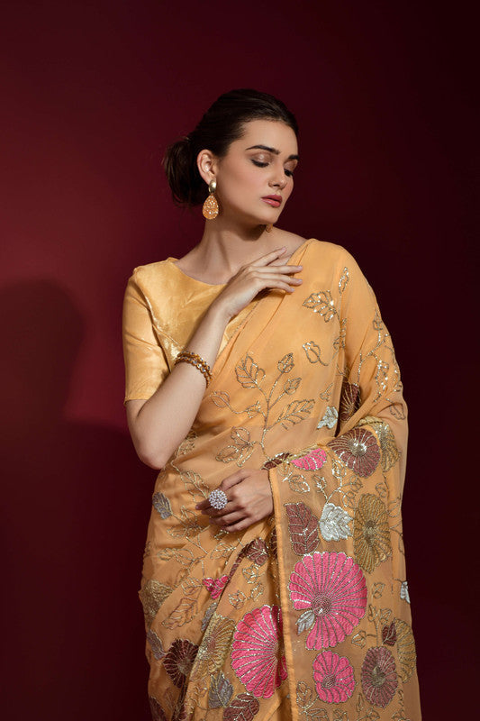 Jyoti Fashion Women's Chiku Sequence Embroidery Georgette Saree with Blouse