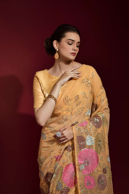 Jyoti Fashion Women's Chiku Sequence Embroidery Georgette Saree with Blouse