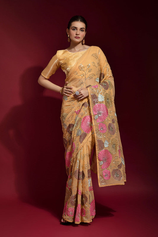 Jyoti Fashion Women's Chiku Sequence Embroidery Georgette Saree with Blouse