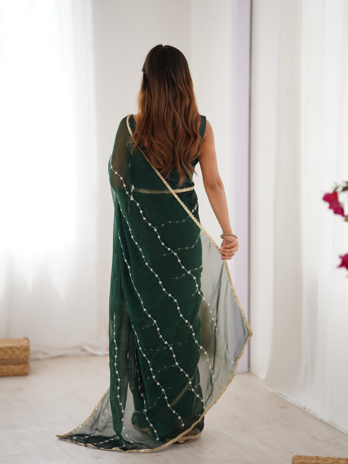Jyoti Fashion Women's Bottle Green Soft Sitara Embroidered Designer Saree with Blouse