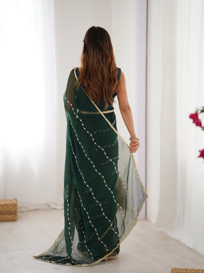 Jyoti Fashion Women's Bottle Green Soft Sitara Embroidered Designer Saree with Blouse