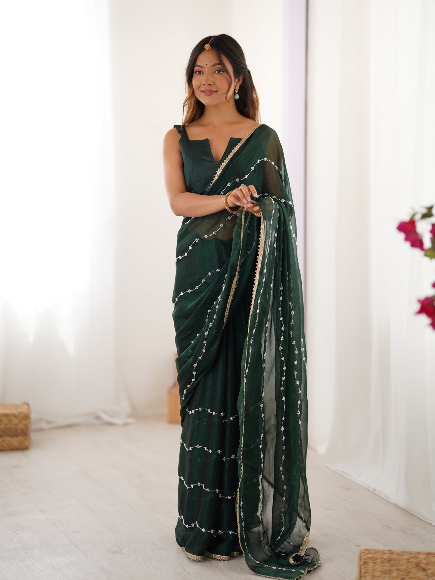 Jyoti Fashion Women's Bottle Green Soft Sitara Embroidered Designer Saree with Blouse