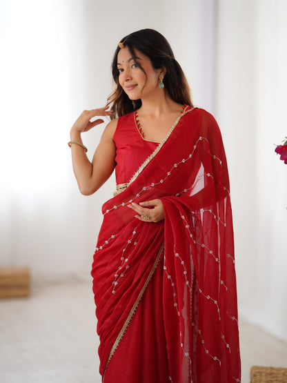 Jyoti Fashion Women's Maroon Soft Sitara Embroidered Designer Saree with Blouse