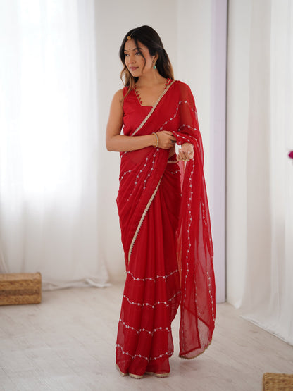 Jyoti Fashion Women's Maroon Soft Sitara Embroidered Designer Saree with Blouse