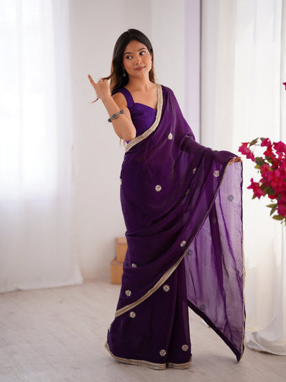 Jyoti Fashion Women's Purple Fandy Silk Embroidered Designer Saree with Blouse
