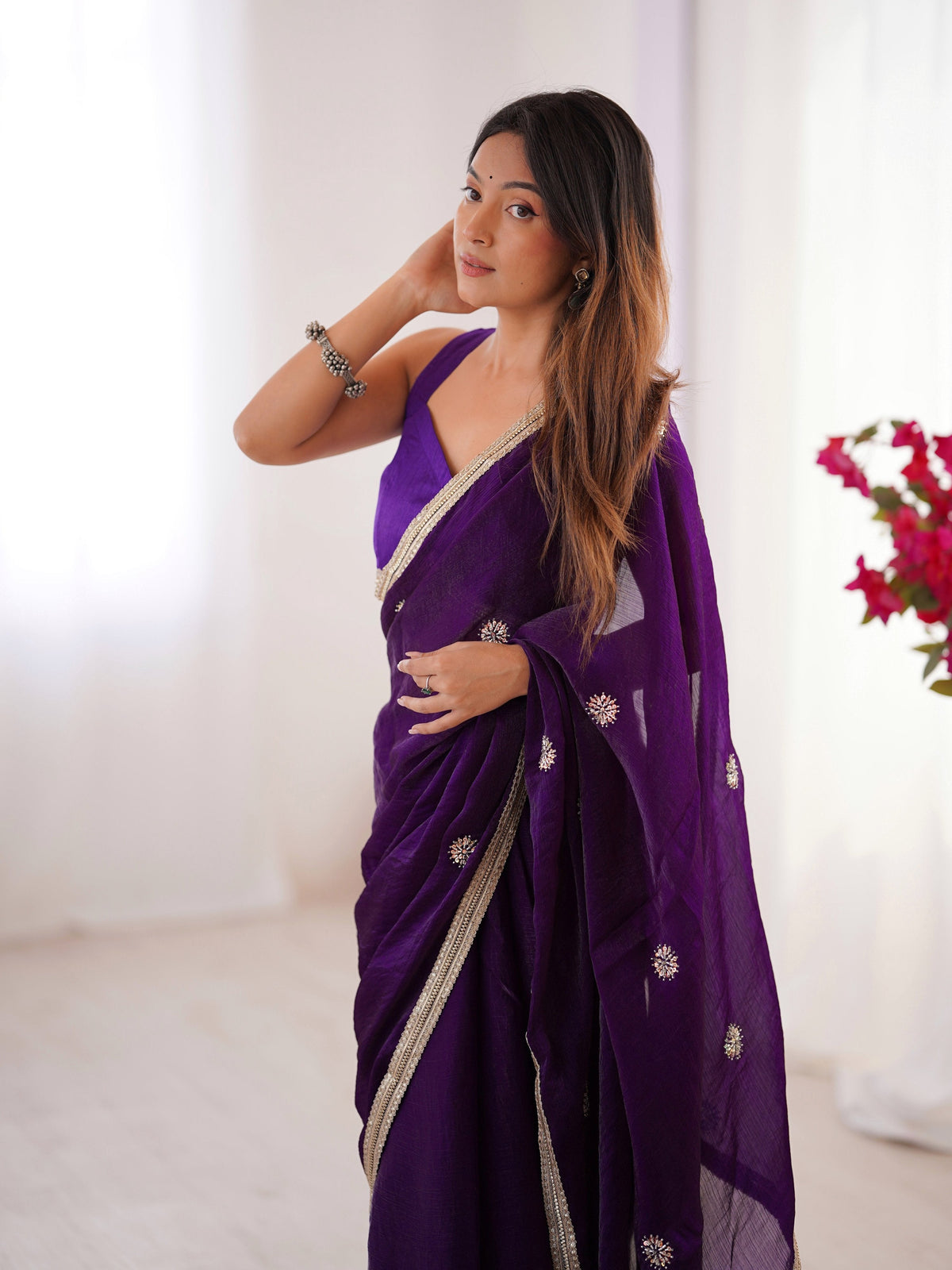 Jyoti Fashion Women's Purple Fandy Silk Embroidered Designer Saree with Blouse