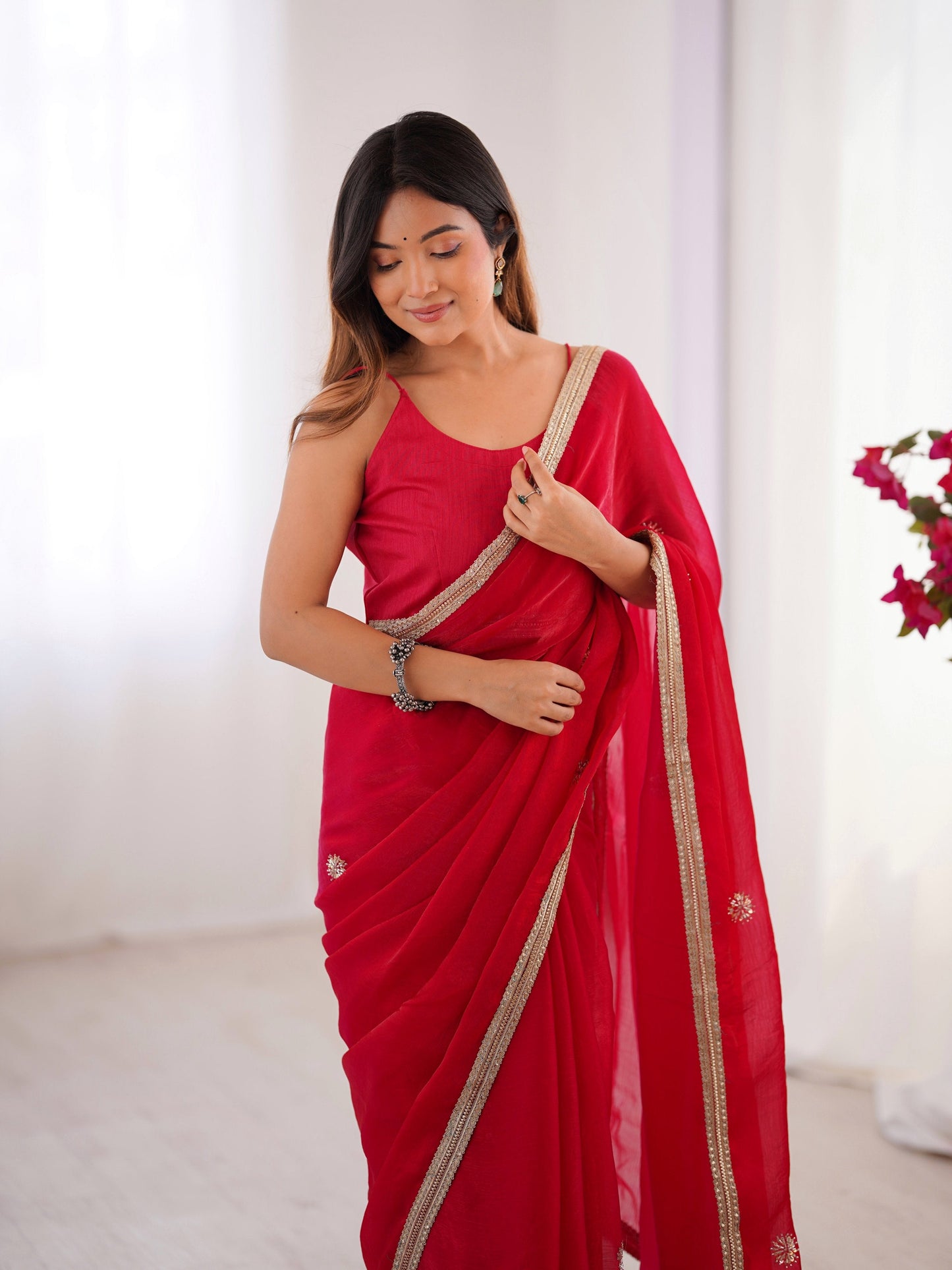 Jyoti Fashion Women's Pink Fandy Silk Embroidered Designer Saree with Blouse