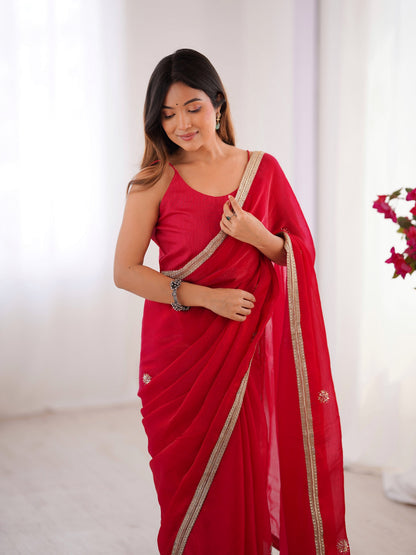 Jyoti Fashion Women's Pink Fandy Silk Embroidered Designer Saree with Blouse